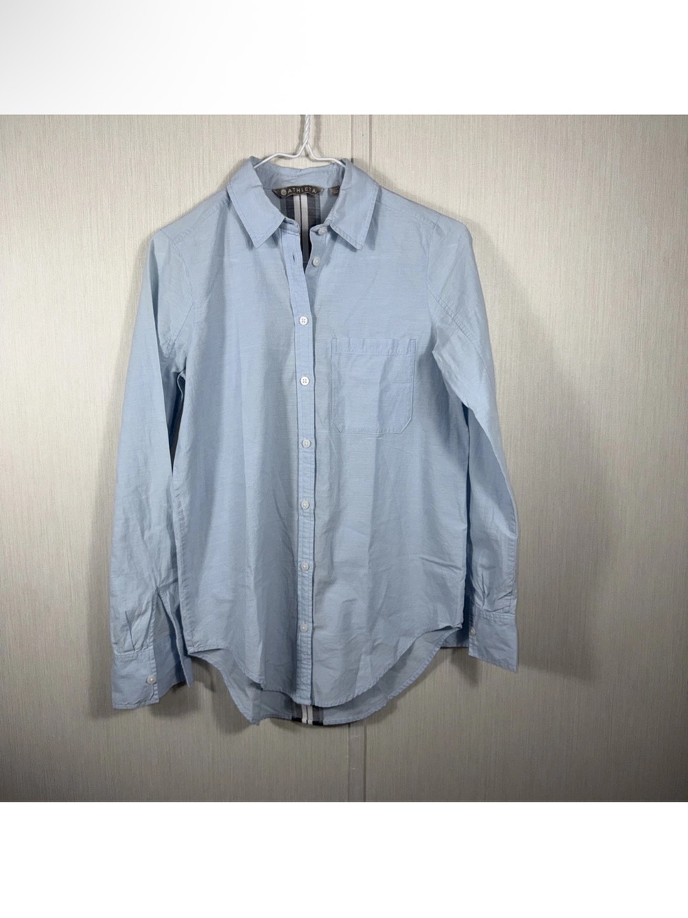 ATHLETA Top XXS Marinwood Stripe Poplin Button Up Tunic Shirt Cotton Blend Blue